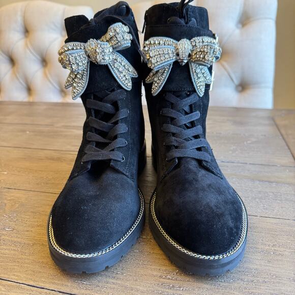 Kurt Geiger London Size 7.5 EU 38 Sutton Bow Boots Suede Lug Buckles Lug Grunge - Picture 3 of 15